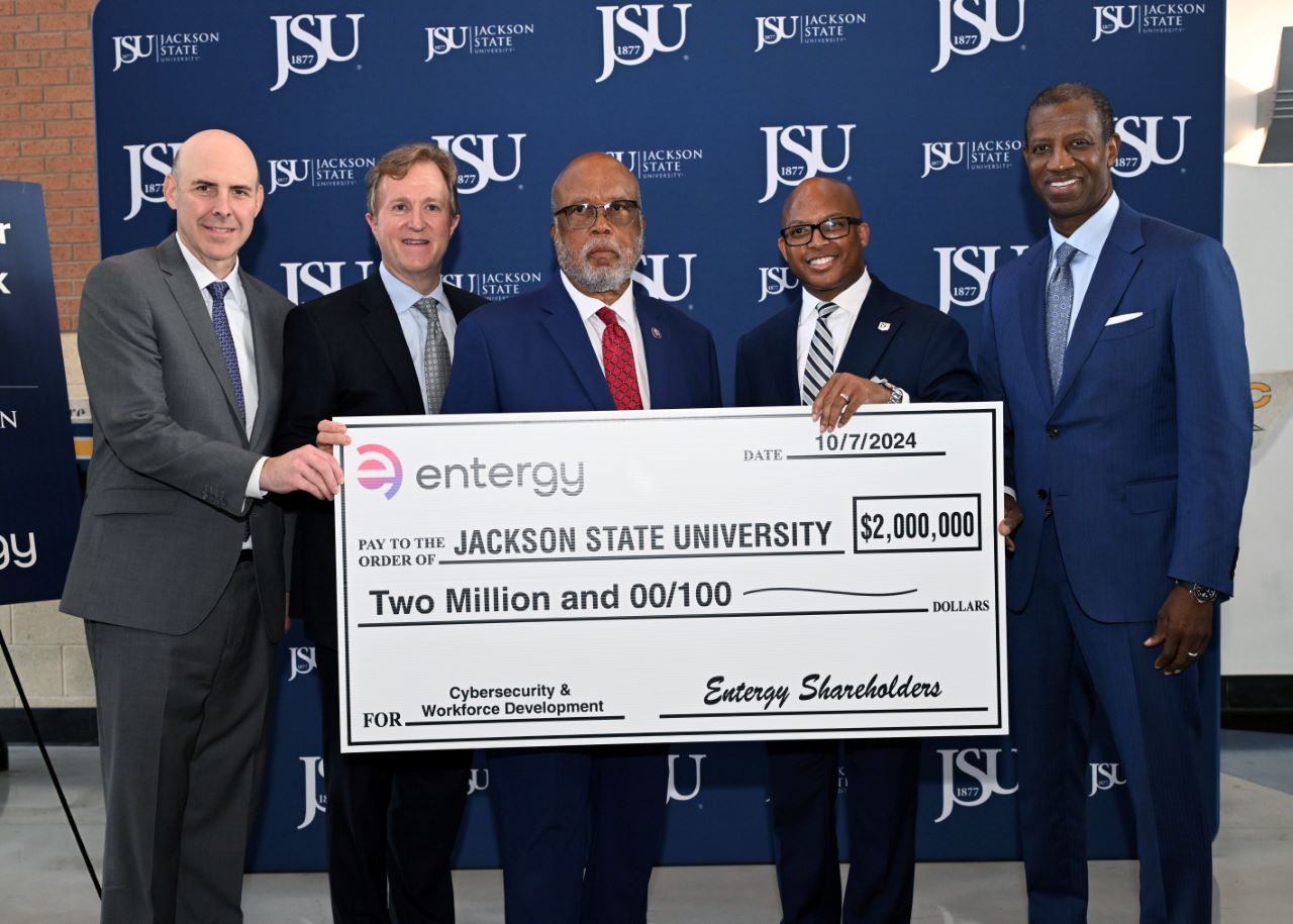 L-R: Entergy's Drew Marsh and Haley Fisackerly, Rep. Bennie Thompson, JSU President Marcus Thompson and Entergy's Marcus Brown